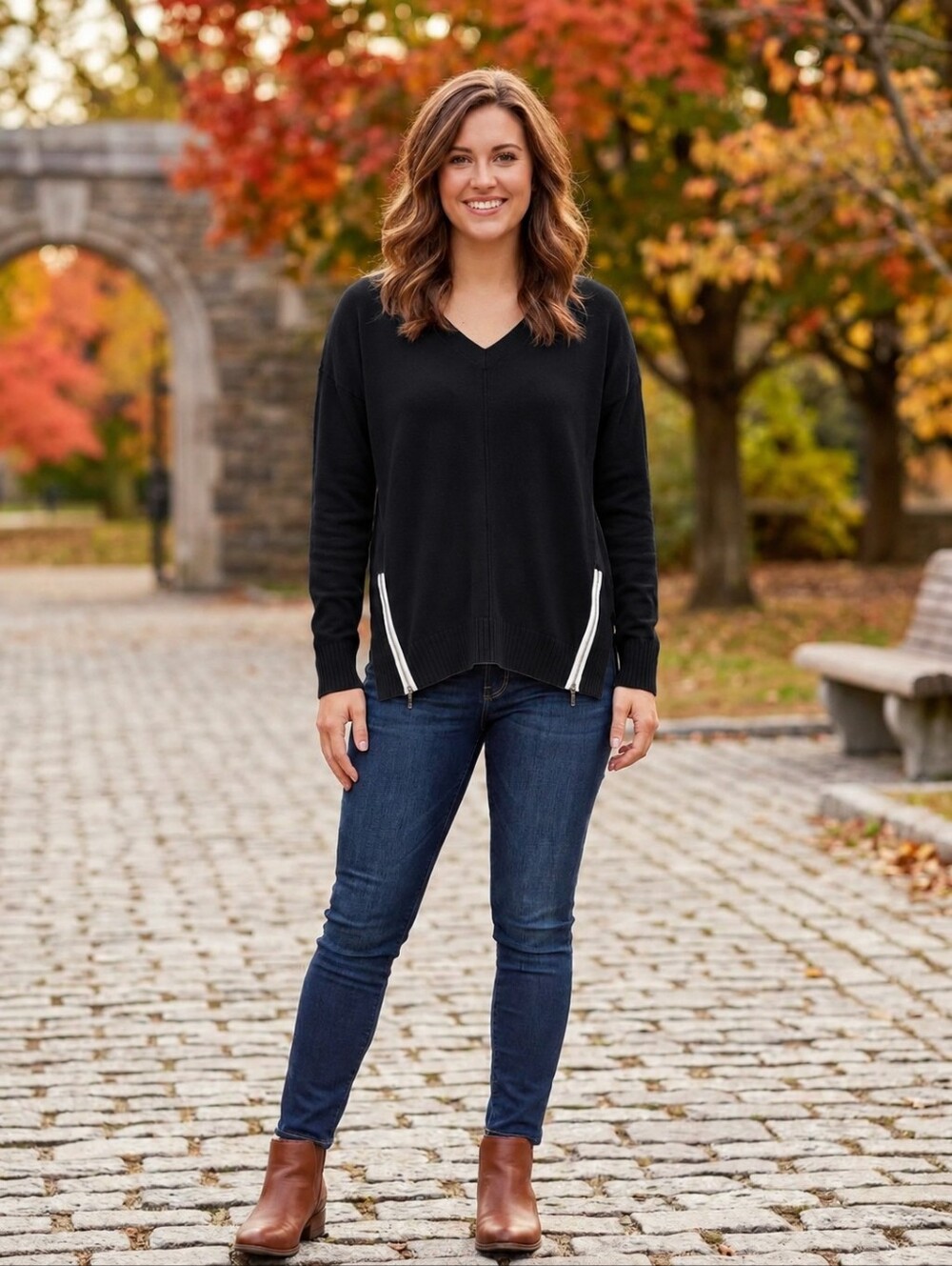 Tribal Black V-Neck Sweater Side Zip Detail Women’s M
